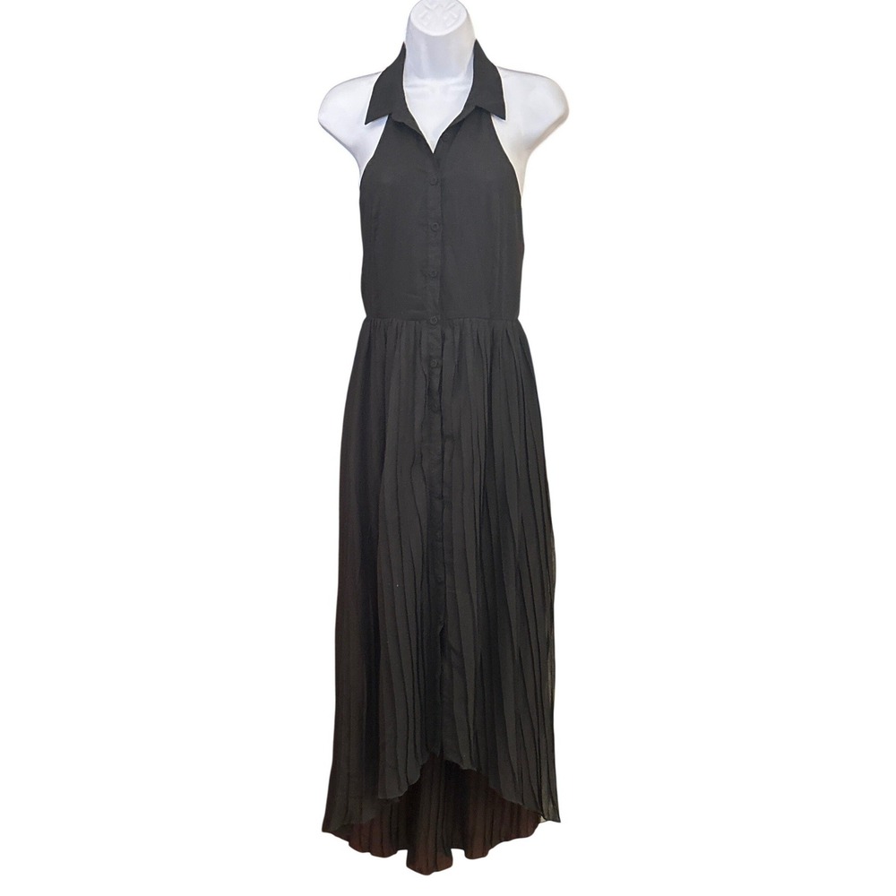 Akira Chicago Black Halter Maxi Dress Button Front Y2K Minimal Classic City Chic